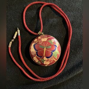 Vintage Red Enamel Double Sided Butterfly Pendant Necklace